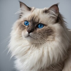 A striking long-haired Birman cat with creamy fur and stunning blue eyes, calmly sitting on a white background.