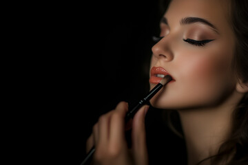 Obraz premium Woman putting blush on her face.