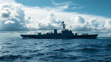 Obraz premium Warship guided missile frigate approaching port with calm waters and cloudy skies, skyline, clouds, water