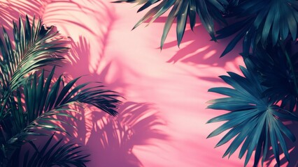 Vibrant shadows of palm leaves against a pink wall