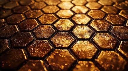 Naklejka premium Golden Hexagon Texture: Luxury Geometric Background, Abstract Wallpaper, Shiny Metal Surface Design