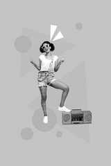 Vertical collage picture of cheerful carefree girl showing v-sign chilling hypnotic music boombox isolated on yellow background