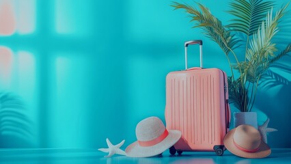 Travel essentials with vibrant colors near tropical plants