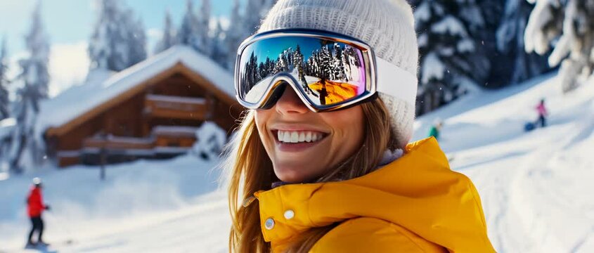 Smiling woman in yellow ski jacket and goggles, snowy mountain resort, cheerful winter vibe, skiing, snowboarding, winter sports adventure, 4K video.
