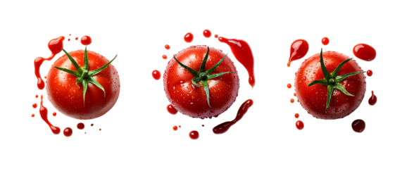 set of tomato with a ketchup splash isolated on a transparent background, in PNG format