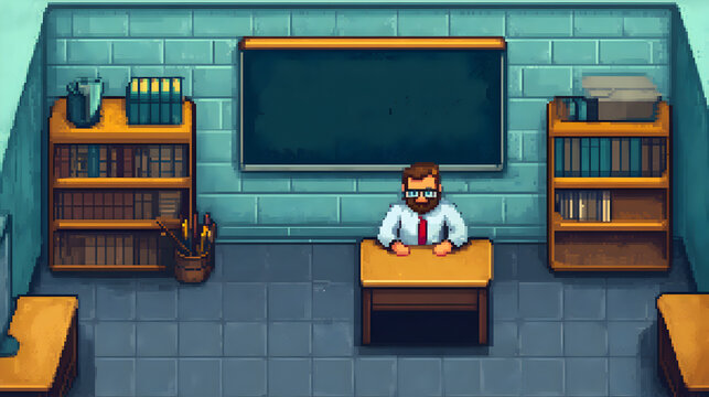 Classroom teacher at desk school environment digital art engaging concept