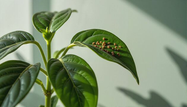 Fototapeta Close-up of plant leaf infested with pests on sunny day indoors, Disinsection theme