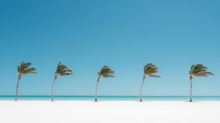 Fototapeta premium Five palm trees swaying in the wind on a beautiful white sand beach with turquoise water under a clear blue sky create a perfect tropical paradise