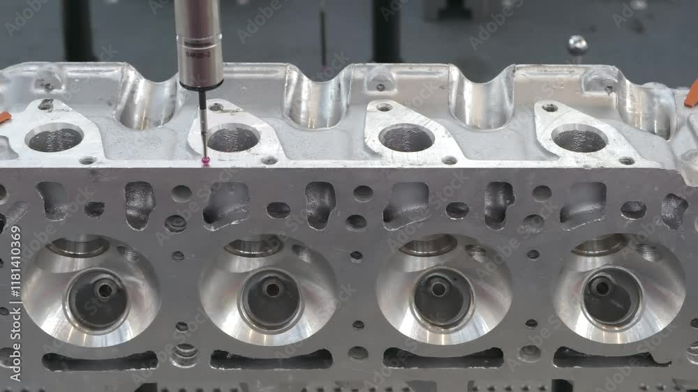 Poster close-up check measurement of automotive cylinder block by detecting head sensor, car service and re