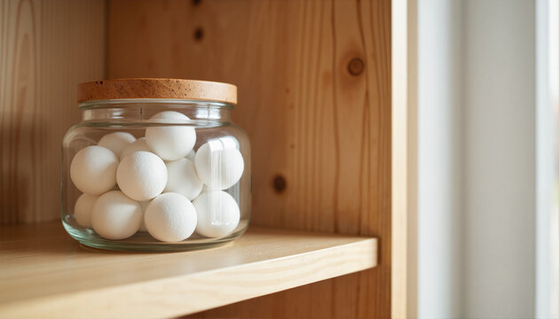 Glass jar containing white mothballs on wooden shelf, clean design, organized display, copy space, Disinsection theme