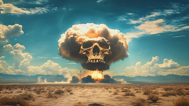 A dramatic mushroom cloud shaped like a skull rising in a barren desert under a clear sky.