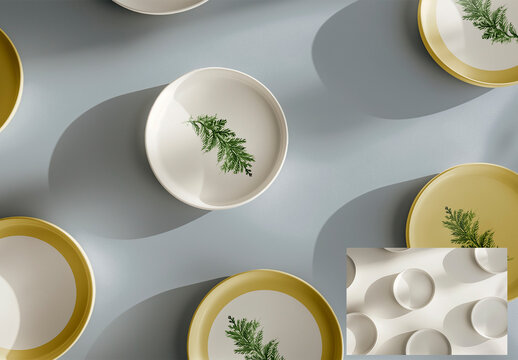 Minimal Ceramic Plates with Shadows Mockup, AI-Generated