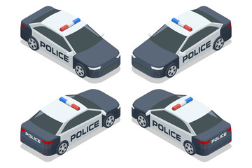 Isometric vector illustration of modern police cars in a set of four angles. Designed for law enforcement, crime prevention, and public safety visuals. © Golden Sikorka