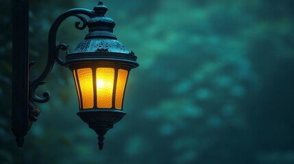 Glowing vintage lamp post in misty night.