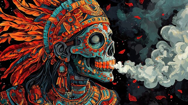 A vibrant digital painting of a stylized skull adorned in an ornate Aztec headdress, exhaling smoke against a dark background.