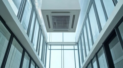 Obraz premium Modern building interior, ceiling unit, glass walls, bright sky.