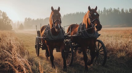 Obraz premium A pair of brown horses pulling an antique wooden carriage in an open field