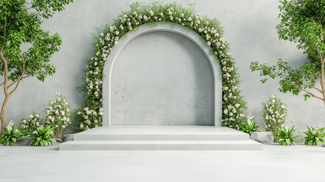 Serene Garden Archway: Elegant floral archway with lush greenery, creating a tranquil and inviting atmosphere perfect for product displays or event backdrops.  
