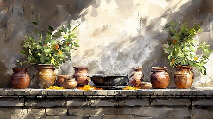 A Still Life Painting of Earthenware Pots, Flowers, and Incense Burning on a Stone Wall.