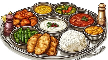 A vibrant illustration of a traditional Indian Thali, showcasing a diverse array of flavorful curries, rice, and accompaniments served on a metallic platter.