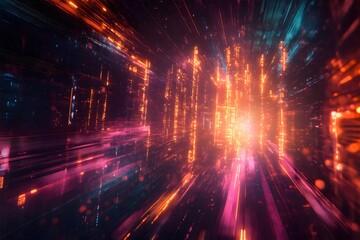 Abstract technology background featuring motion blur effects, dynamic glowing lines, and digital patterns, symbolizing speed, innovation, and futuristic connectivity