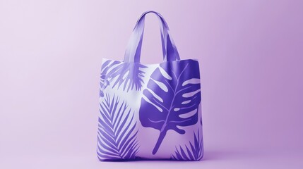 A printed fabric bag on a pastel lavender background, highlighting artisanal design