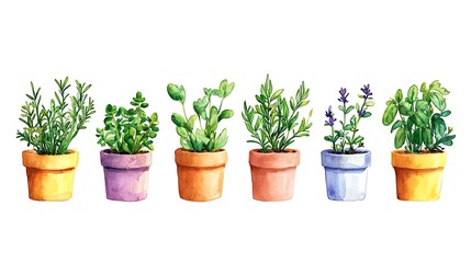 Obraz premium Watercolor illustration of six potted herbs rosemary, sedum, sage, thyme, lavender, and oregano.
