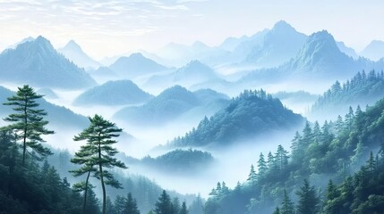 Obraz premium Chinese-style landscape painting, with green mountains and trees in the background and rolling hills covered in white fog.
