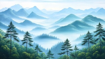 Obraz premium Chinese-style landscape painting, with green mountains and trees in the background and rolling hills covered in white fog.