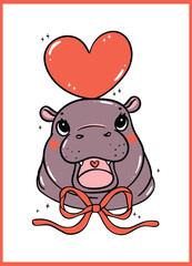 Retro Valentine Baby Pygmy Hippo Retro with red bow Hand Drawn Cartoon Character