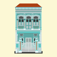 A traditional Peranakan shophouse in Singapore with intricate blue facade, red-tiled roof, and decorative windows. Reflects rich cultural heritage and architectural elegance.