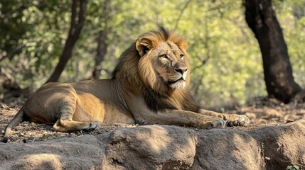 Obraz premium Majestic Lion Resting on a Rock in the Jungle