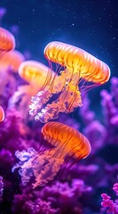 Naklejka premium A group of beautiful jellyfish, with a purple and orange color scheme, captured through underwater photography. 