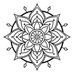 Intricate Mandala Outline with Floral and Geometric Patterns – Black and White Design