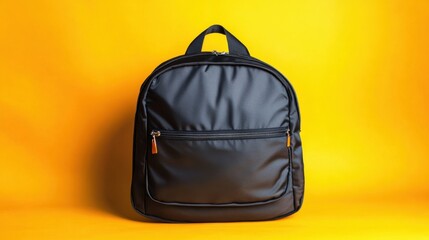 Naklejka premium A sleek black backpack against a vibrant yellow background, ideal for urban style