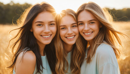 Portrait 3 filles soeurs amies souriantes extérieur.