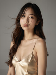 Fototapeta premium Elegant Woman with Long Hair in Golden Satin Apparel Portrait