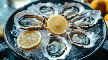  A plate of oysters on ice, beautifully arranged and served with lemon slices for a luxurious dining experience.