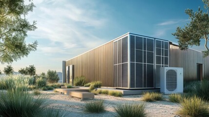 Fototapeta premium Modern building, landscaped grounds, climate control unit.