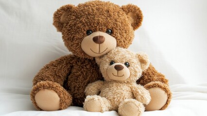 Obraz premium Two teddy bears sitting together on a soft surface