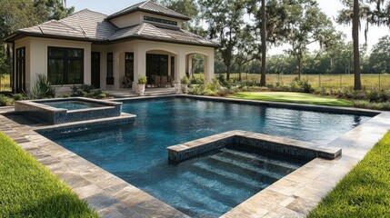 Luxury Backyard Oasis:  Stunning Pool and Spa Design near Lush Greenery