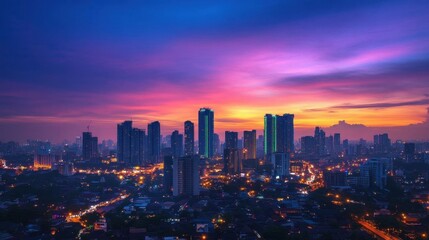 Obraz premium A vibrant city skyline at sunset, showcasing urban architecture and lights.