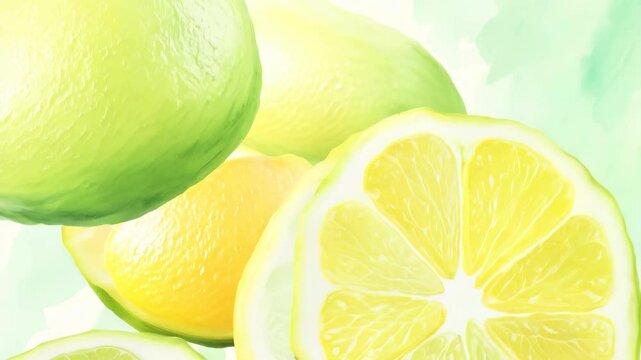 Slices of lemon and lime with a watercolor effect, showcasing bright yellow and green hues, soft diffused lighting, and a fresh, vibrant artistic style.