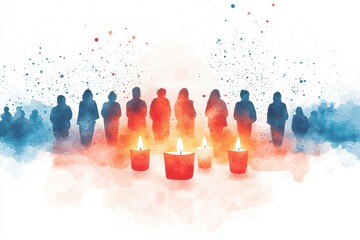 Silhouettes standing around flickering candles in a watercolor style.