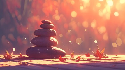 Obraz premium Sunlit rock formations arranged on a wooden surface, with a blurred forest background, creating a peaceful and natural ambiance.