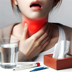 Concept of Drinking water is best medicine for sorethroat and cold,with beautiful woman with red area