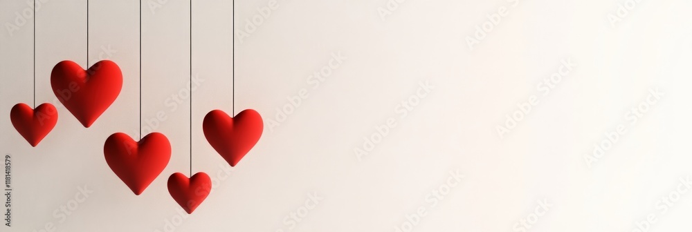 Poster Five red hearts of different sizes hanging on strings against a light background creating a romantic atmosphere, perfect for valentine's day or a declaration of love