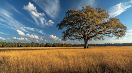 Tall oak tree stands alone in a golden field under a clear blue sky during a sunny day