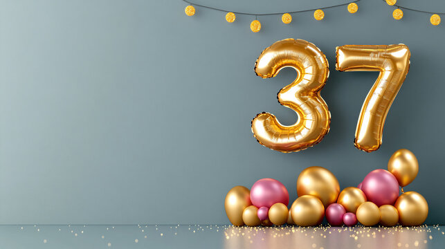 bold party scene featuring metallic number 37 balloons, colorful round balloons, and festive decorations. Perfect for celebrations and special occasions