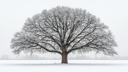 Fototapeta premium Majestic Winter Oak: A Solitary Tree in a Snow-Covered Field
